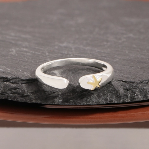 925 Sterling Zilveren Ster Open Ring Voor Dames Verstelbaar Tweekleurig Goud Zeester Minimalistische Mode Vinger Sieraden