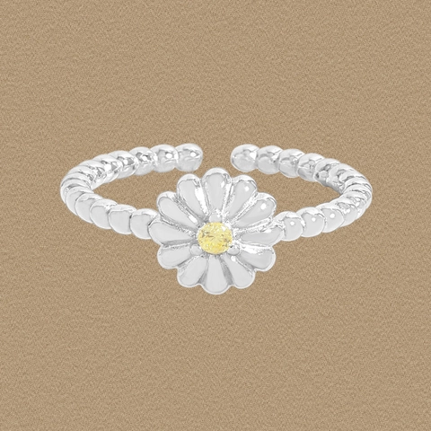 S925 Sterling Silver Daisy Ring For Women Yellow Rhinestone Beaded Open Adjustable Flower Finger Ring Jewelry Gift