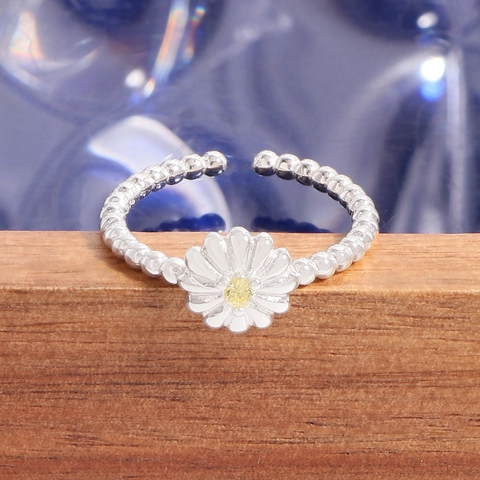S925 Sterling Silver Daisy Ring For Women Yellow Rhinestone Beaded Open Adjustable Flower Finger Ring Jewelry Gift