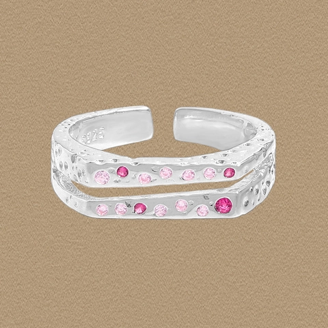 S925 Sterlingsilber Ring Zweilagig Texturiert Offen Für Damen Rosa Strass Geometrisch Verstellbar Fingerschmuck Geschenk