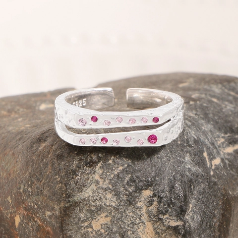 S925 Sterlingsilber Ring Zweilagig Texturiert Offen Für Damen Rosa Strass Geometrisch Verstellbar Fingerschmuck Geschenk