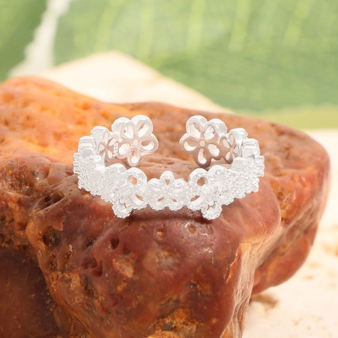 Vintage S925 Sterling Silver Lace Flower Open Ring For Women Adjustable Hollow Floral Rhinestone Finger Ring Elegant Jewelry