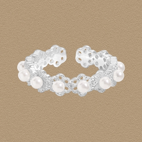 Anello Aperto in Argento Sterling S925 a Forma di Fiore in Pizzo per Donna Vintage Design di Nicchia Perla Artificiale Regolabile
