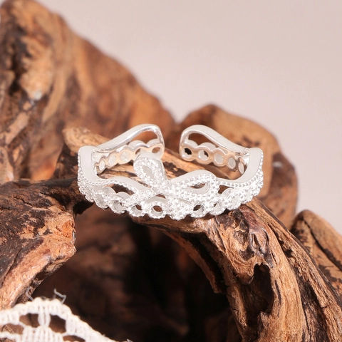 S925 Sterling Silver Lace Bow Open Ring For Women Vintage Elegant Rhinestone Adjustable Finger Ring Jewelry Gift