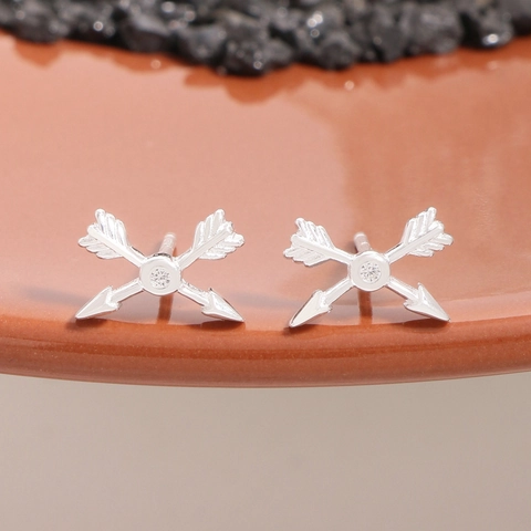 S925 Sterling Silver Cupid's Arrow Heart Stud Earrings For Women Shiny Rhinestone Inlaid Crossed Arrows Ear Jewelry Gift