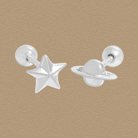 S925 Sterling Silver Asymmetric Star Planet Stud Earrings For Women Minimalist Saturn Celestial Screw Back Earrings Fine Jewelry