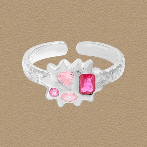 Anillo Abierto de Plata de Ley S925 Textura Nube Con Circonia Rosa Rojo Irregular Martillado Ajustable Joyería Mujer Regalo