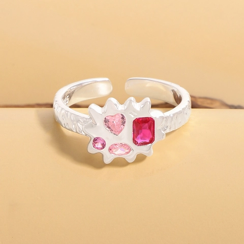 Anillo Abierto de Plata de Ley S925 Textura Nube Con Circonia Rosa Rojo Irregular Martillado Ajustable Joyería Mujer Regalo