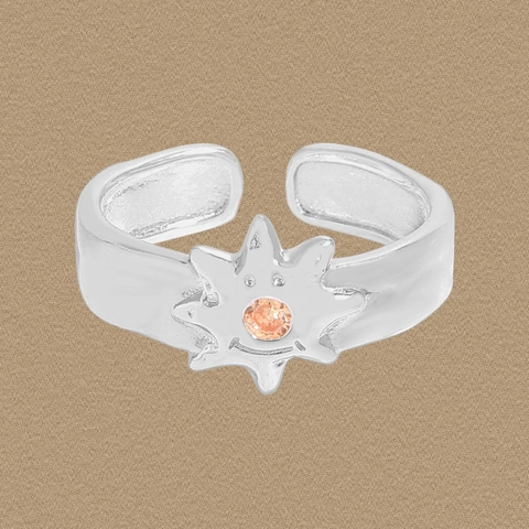 Anello Aperto in Argento Sterling S925 Sole Stella per Donna Vintage con Strass Arancione Regolabile Gioielli da Dito Moda