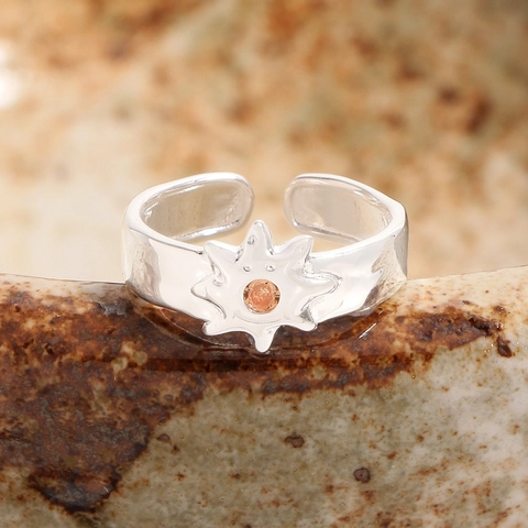 Anello Aperto in Argento Sterling S925 Sole Stella per Donna Vintage con Strass Arancione Regolabile Gioielli da Dito Moda