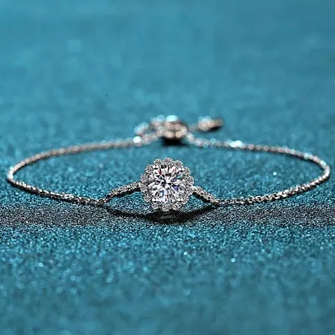 925 Sterling Silver Moissanite Bracelet For Women Sunflower Cluster Round Zirconia Adjustable Sliding Clasp Elegant Jewelry