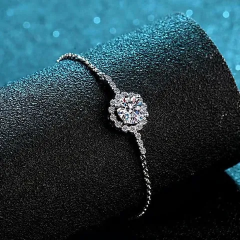 925 Sterling Silver Moissanite Bracelet For Women Sunflower Cluster Round Zirconia Adjustable Sliding Clasp Elegant Jewelry