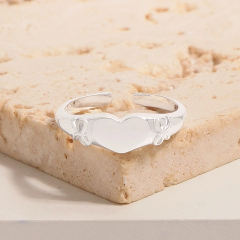 925 Sterling Silver Heart Bowknot Open Ring For Women Minimalist Adjustable Korean Ins Style Polished Silver Finger Ring Fashion Jewelry Gift