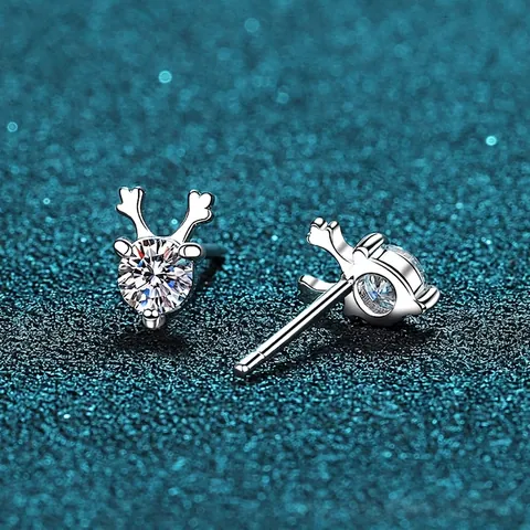 925 Sterling Silver Antler Stud Earrings Moissanite Zirconia Sparkling Deer Horn Design Christmas Party Jewelry For Women