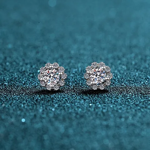 S925 Sterling Silver Moissanite Zirconia Flower Stud Earrings For Women Elegant Halo Jewelry Round Cut Dainty Ear Studs