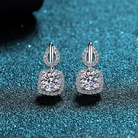 Pendientes de Botón Halo de Plata de Ley 925 Moissanita Circonia para Mujer Cuadrados Gota de Agua Joyas Elegantes Con Certificado GRA