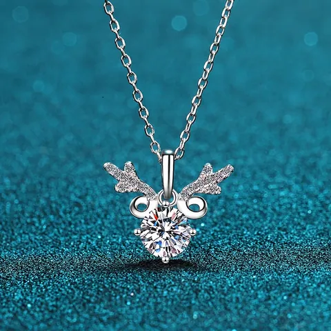 Collana a Corno di Renna in Argento Sterling 925 per Donna Moissanite Zirconia Taglio Rotondo Catena da Clavicola Gioielli