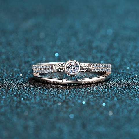 S925 Sterling Silver Moissanite Ring For Women Round Cut Double Row Inlaid Wedding Engagement Fashion Jewelry Adjustable Ring