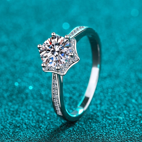 S925 Sterling Zilveren Moissaniet Ring Klassieke Zes-Poot Stervorm Zirconia Bruiloft Verlovingsring Voor Dames Sieraden