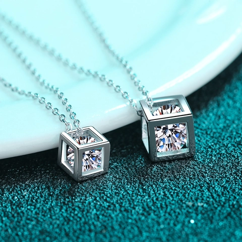 S925 Sterling Silver Moissanite Pendant Necklace For Women Simple Hollow Square Cube Geometric Moissanite Jewelry Necklaces Gift