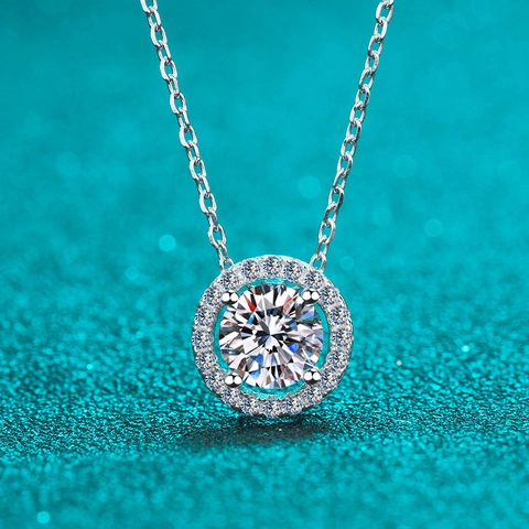 Collar de Plata de Ley 925 con Colgante de Moissanita Circonia para Mujer Clásico Engaste Halo Redondo Joyería de Moda