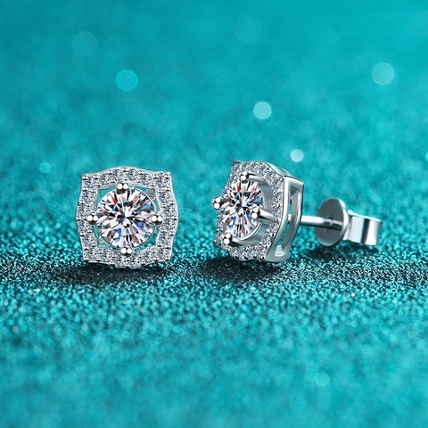 925 Sterling Silver Moissanite Zirconia Stud Earrings For Women Korean Geometric Square Halo Electroplated Sparkly Earrings Jewelry Gift