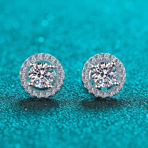 Pendientes de Botón Halo de Plata de Ley 925 Talla Brillante Moissanita Circonia Redondos para Mujer Regalo de Joyería Elegante