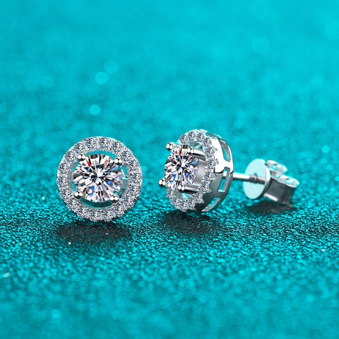 Pendientes de Botón Halo de Plata de Ley 925 Talla Brillante Moissanita Circonia Redondos para Mujer Regalo de Joyería Elegante