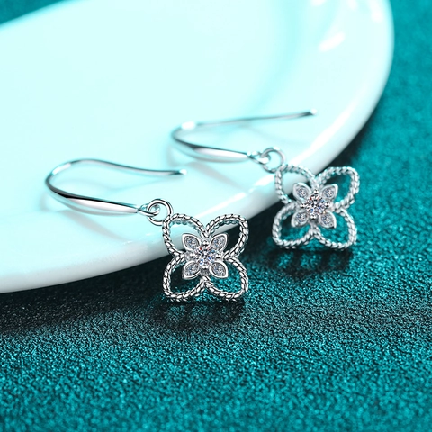 925 Sterlingsilber Moissanit Kleeblatt Ohrhänger Für Damen Elegante Geometrische Textur Blume Ohrhaken Ohrringe Feiner Schmuck