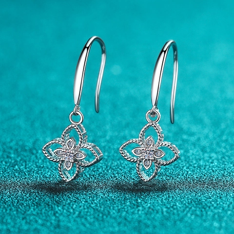 925 Sterlingsilber Moissanit Kleeblatt Ohrhänger Für Damen Elegante Geometrische Textur Blume Ohrhaken Ohrringe Feiner Schmuck