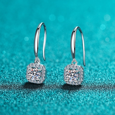 925 Sterling Silver Square Halo Ear Hook Earrings For Women Moissanite Zirconia Round Cut Gemstone Drop Earrings Jewelry