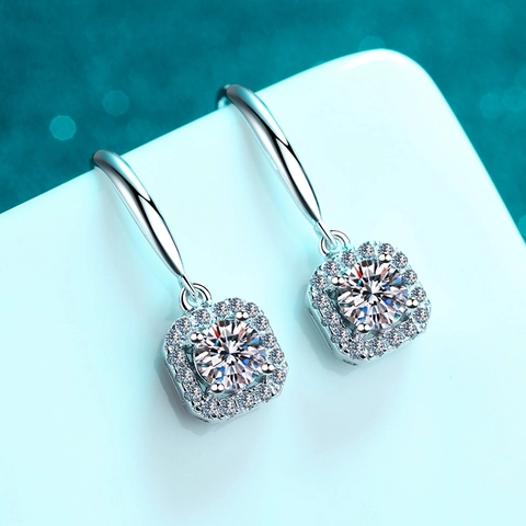 925 Sterling Silver Square Halo Ear Hook Earrings For Women Moissanite Zirconia Round Cut Gemstone Drop Earrings Jewelry