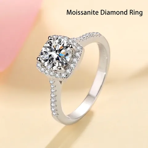 Luxus 925 Sterlingsilber Moissanit Zirkonia Ring Quadratisch Halo 4-Krallenfassung Rundschliff Pave Ring Damen Hochzeit Schmuck