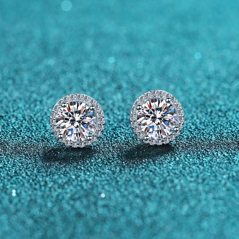 925 Sterling Silver Round Halo Stud Earrings For Women Shiny Geometric Moissanite Zirconia Elegant Fashion Jewelry Gift