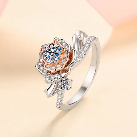 925 Sterling Silver Rose Flower Moissanite Ring For Women Two-Tone Rose Gold Inlaid Rhinestone Wedding Anniversary Jewelry Gift