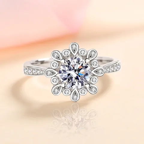 925 Sterling Silver Flower Halo Ring Moissanite Zirconia Inlaid Wedding Engagement Jewelry For Women Sparkly Fashion Ring