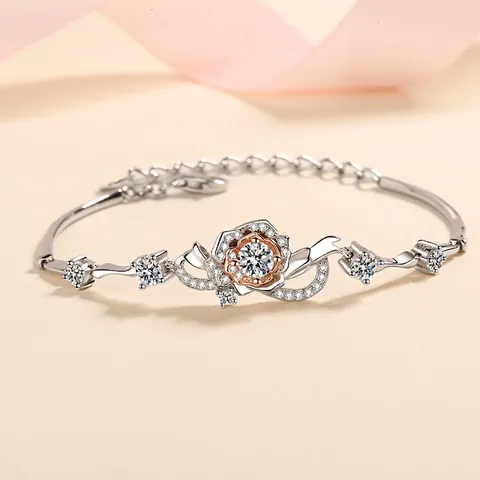 Elegant 925 Sterling Silver Rose Flower Bracelet For Women With Moissanite And Zirconia Inlaid Electroplated Jewelry Gift