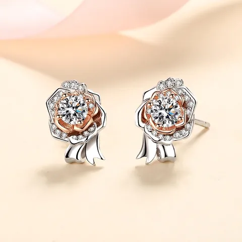 Pendientes de Botón de Rosa de Plata de Ley S925 Moissanita Circonia Incrustado Bicolor Joyería de Moda Elegante Regalo Mujer