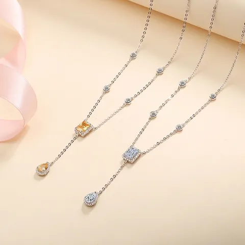 925 Sterling Silver Moissanite Zirconia Y-Shape Drop Pendant Necklace For Women Elegant Wedding Banquet Commuting Jewelry