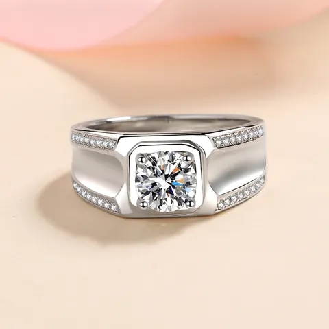 Bague de Luxe en Argent Sterling 925 Homme Moissanite Zirconia Incrusté Bande Large Vintage Style Affaires Bijoux