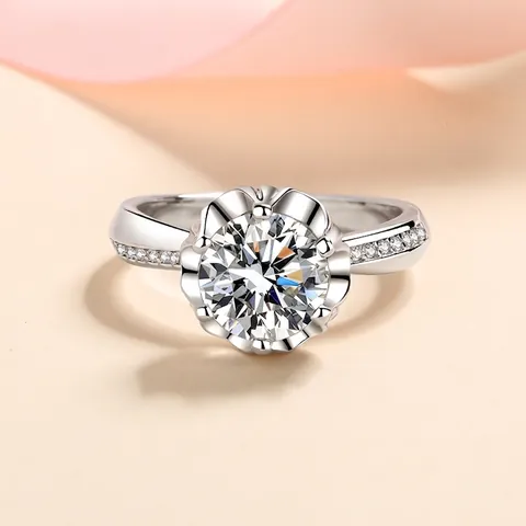 Anello in Argento Sterling S925 Con Moissanite per Donna Zirconia Taglio Rotondo Fede Nuziale Corona di Fiori Gioielli Sposa