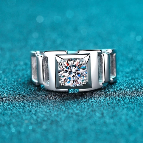 Herren 925 Sterlingsilber Moissanit Ring Luxus Geometrisch Zirkonia Verlobung Hochzeit Band Industriestil Finger Schmuck