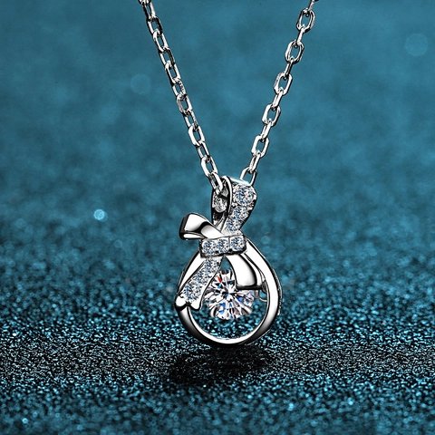 S925 Sterlingsilber Moissanit Tanzender Stein Halskette Für Damen Elegant Schleife Anhänger Schlüsselbeinkette Schmuck Geschenk