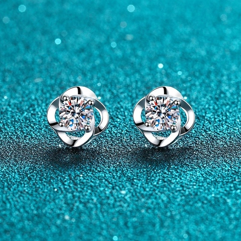 Orecchini a Bottone in Argento Sterling S925 Con Moissanite e Zirconia Forma di Fiore a Quattro Griffe Regalo Gioielli