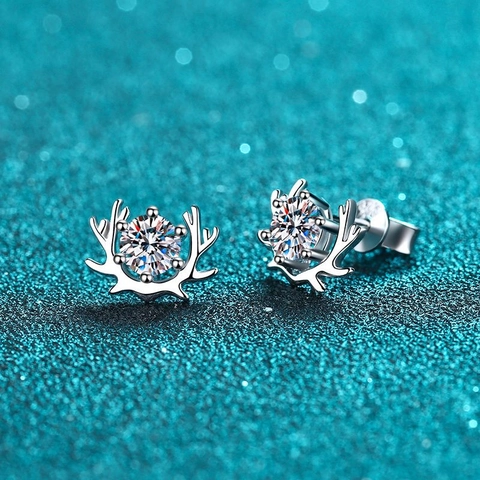 925 Sterling Silver Moissanite Antler Stud Earrings For Women D Color VVS1 Moissanite Zirconia Deer Horn Christmas Jewelry Gift