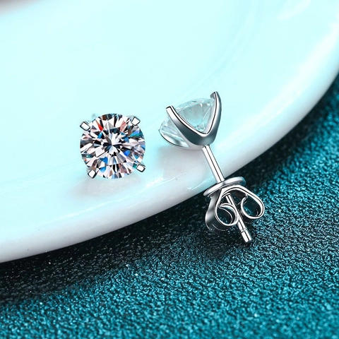 925 Sterling Silver Moissanite Stud Earrings Round Cut Zirconia Four Prong Studs For Women Minimalist Fashion Jewelry Gift