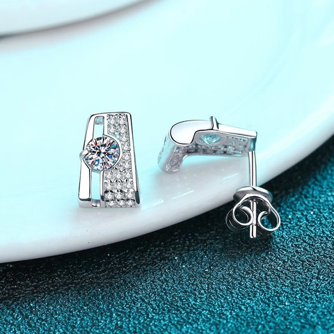 Orecchini a Bottone in Argento Sterling 925 con Moissanite Rettangolare Geometrici con Strass Intarsiati Gioielli Minimalisti Donna