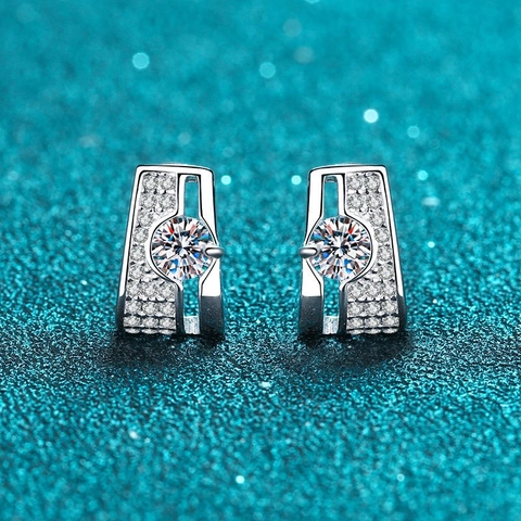 Orecchini a Bottone in Argento Sterling 925 con Moissanite Rettangolare Geometrici con Strass Intarsiati Gioielli Minimalisti Donna