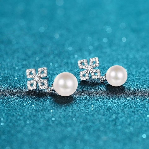 925 Sterling Silver Moissanite Flower Stud Earrings With Freshwater Pearl Drop Elegant Women Wedding Jewelry White Gold Plated
