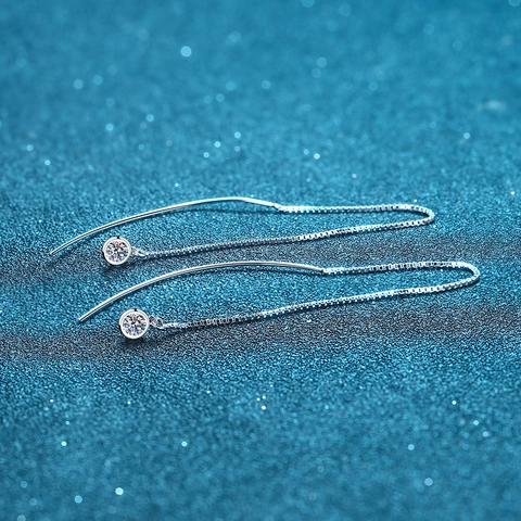 925 Sterling Silver Moissanite Threader Earrings Women Minimalist Long Tassel Geometric Round Bezel Box Chain Fine Jewelry